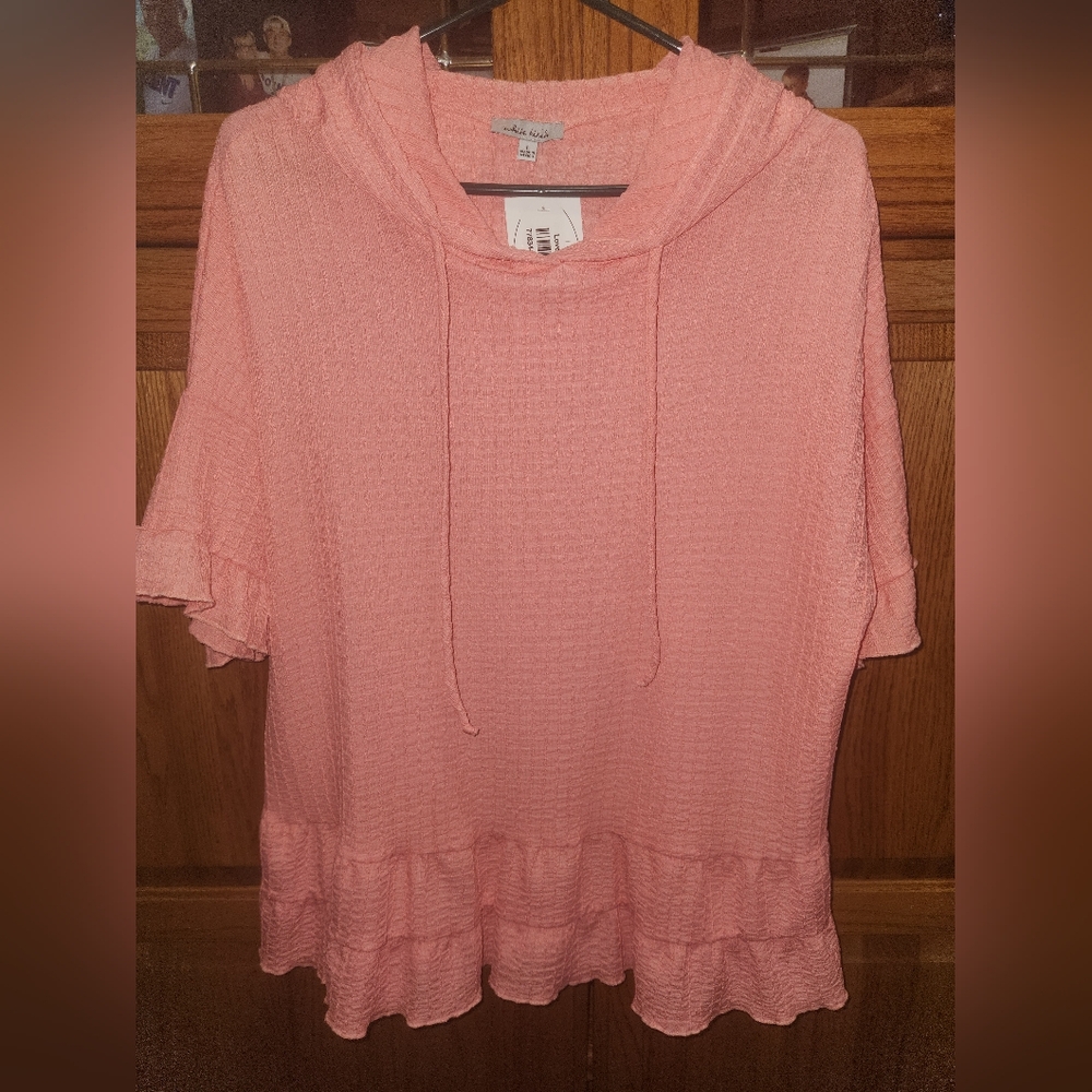 Women's White Birch Short Sleeve Ruffle Peplum Hoodie Large NWT